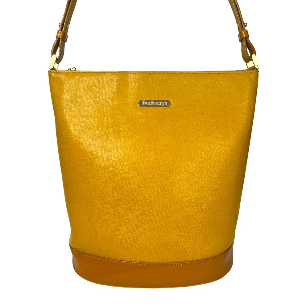 Burberrys Yellow Embossed Leather Bucket Shoulder Bag Vintage Nova Check Lining